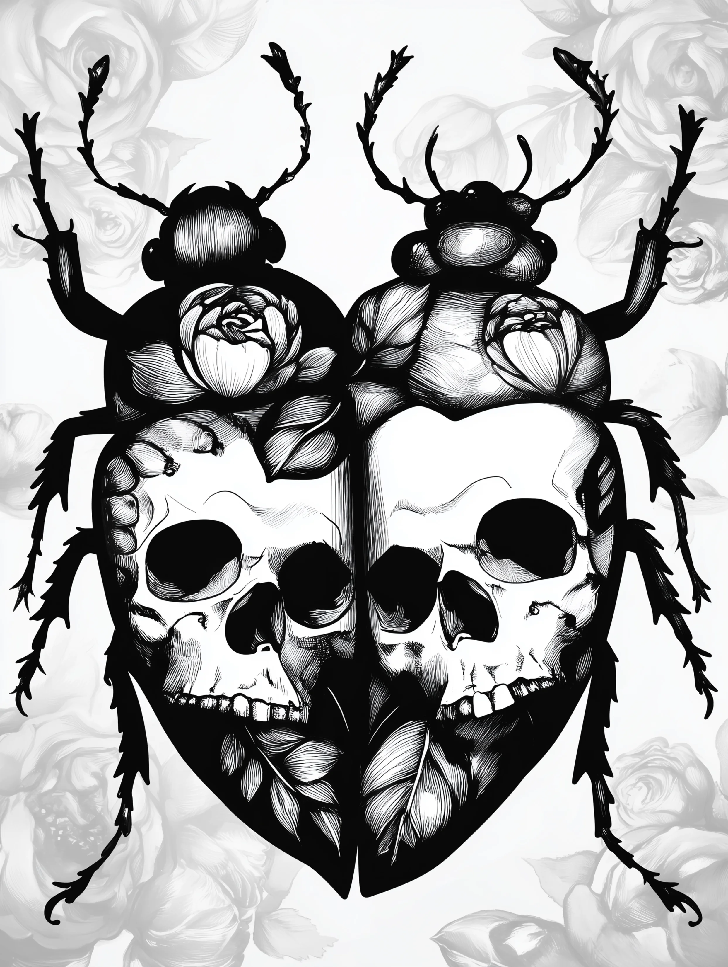 Free printable insect coloring page for adults featuring a siamese beetle design with skulls